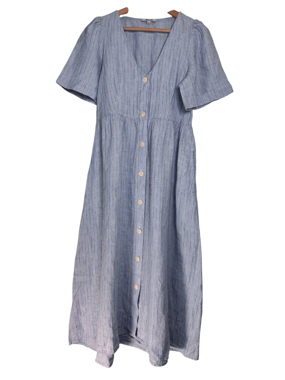 Madewell Cassie Linen Button Front Midi Dress Size Small Blue Stripe Pockets